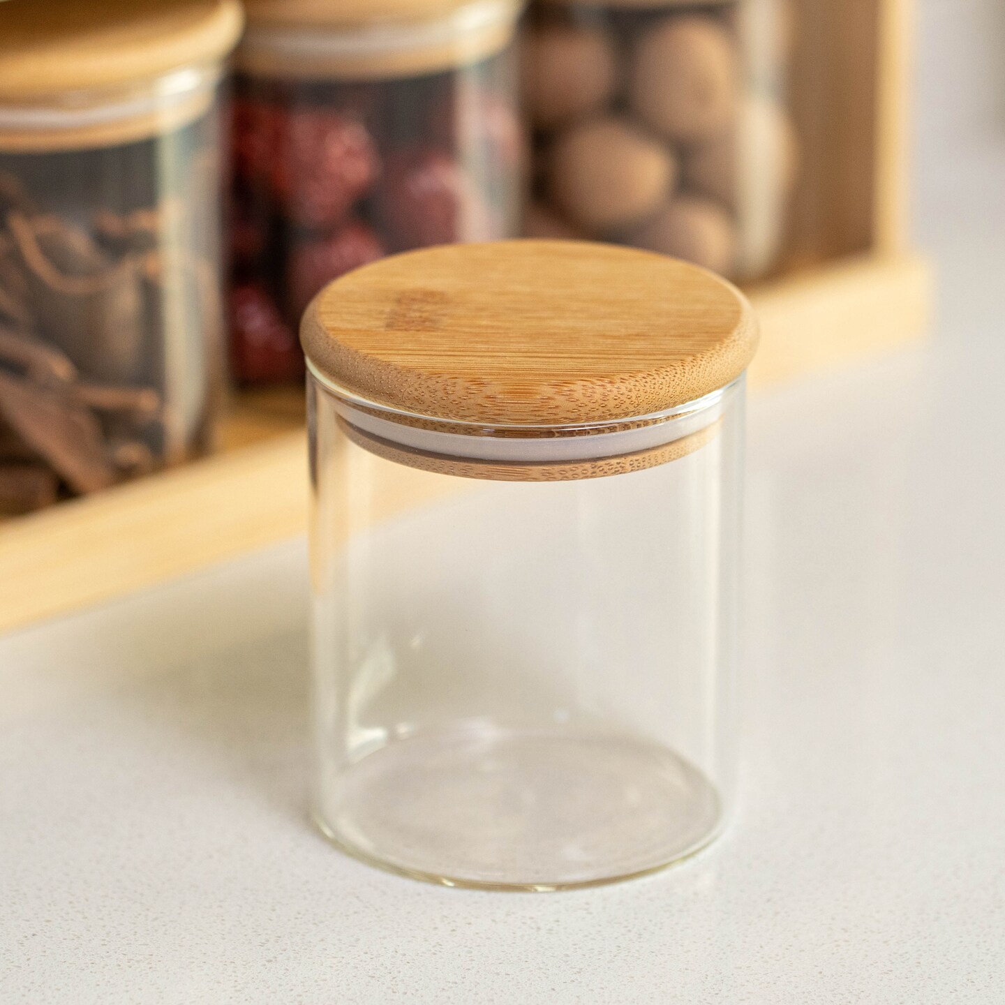 Basicwise Minimalist Two-Tier Bamboo Lazy Susan Turntable with 8 Pcs 12 oz Airtight Lid Glass Jars, Versatile Spice Rack Organizer, Perfect for Kitchen Countertops, Dining Tables, and Pantry Cabinets