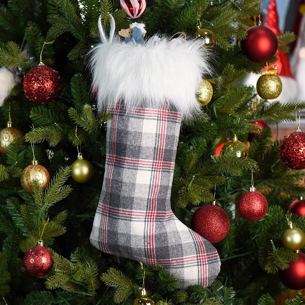 2024 Personalized Christmas Stocking Ornaments, Xmas White-Grey Plaid Christmas Socks Plush Faux Fur, Home Decorations Gifts 21 inch