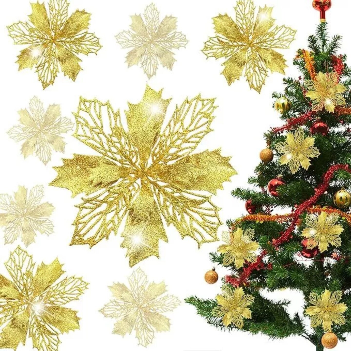 Kitcheniva 5&#x22; Glitter Christmas Poinsettia Hanging Flowers 20 Pcs