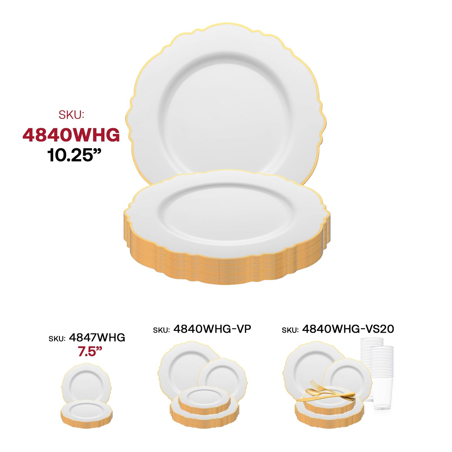 White with Gold Rim Round Blossom Disposable Plastic Dinner Plates - 10.25&#x22; (120 Plates)