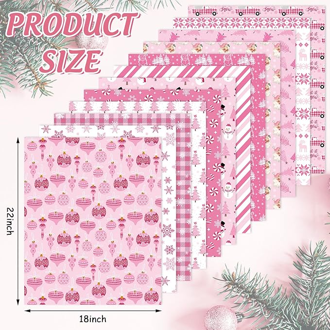 12Pcs Pink Christmas Cotton Fabric Bundles 18 x 22 Inch Xmas Tree Santa Snowflake Fat Quarters Pink White Sewing Fabrics for Xmas Winter DIY Craft Party Decor