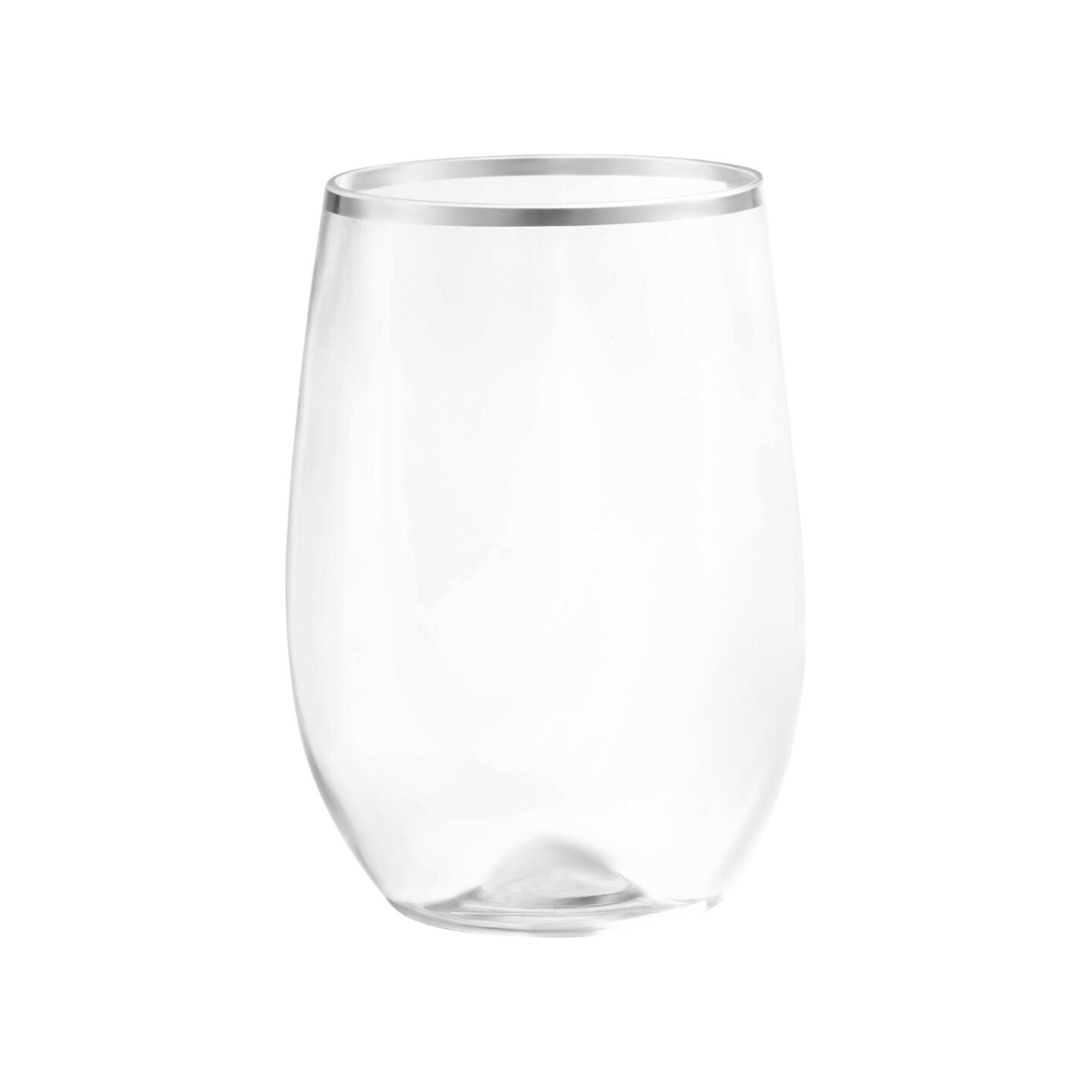 Clear with Silver Elegant Stemless Plastic Wine Glasses - 12 oz. (64 Glasses)