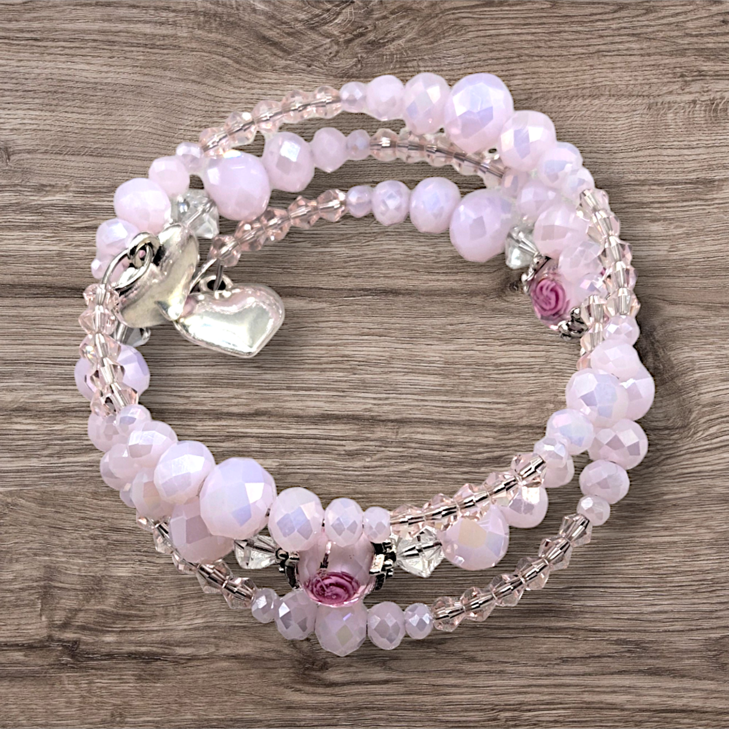 3 Coil Memory Wire Bracelet, Pink Crystal Bangle Bracelet