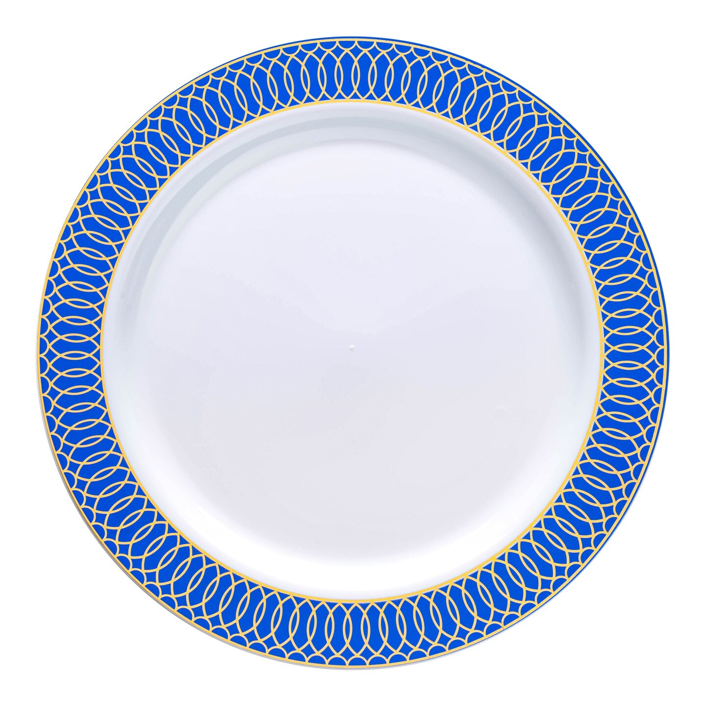 White with Gold Spiral on Blue Rim Plastic Dinner Plates - 10.25&#x22; (120 Plates)