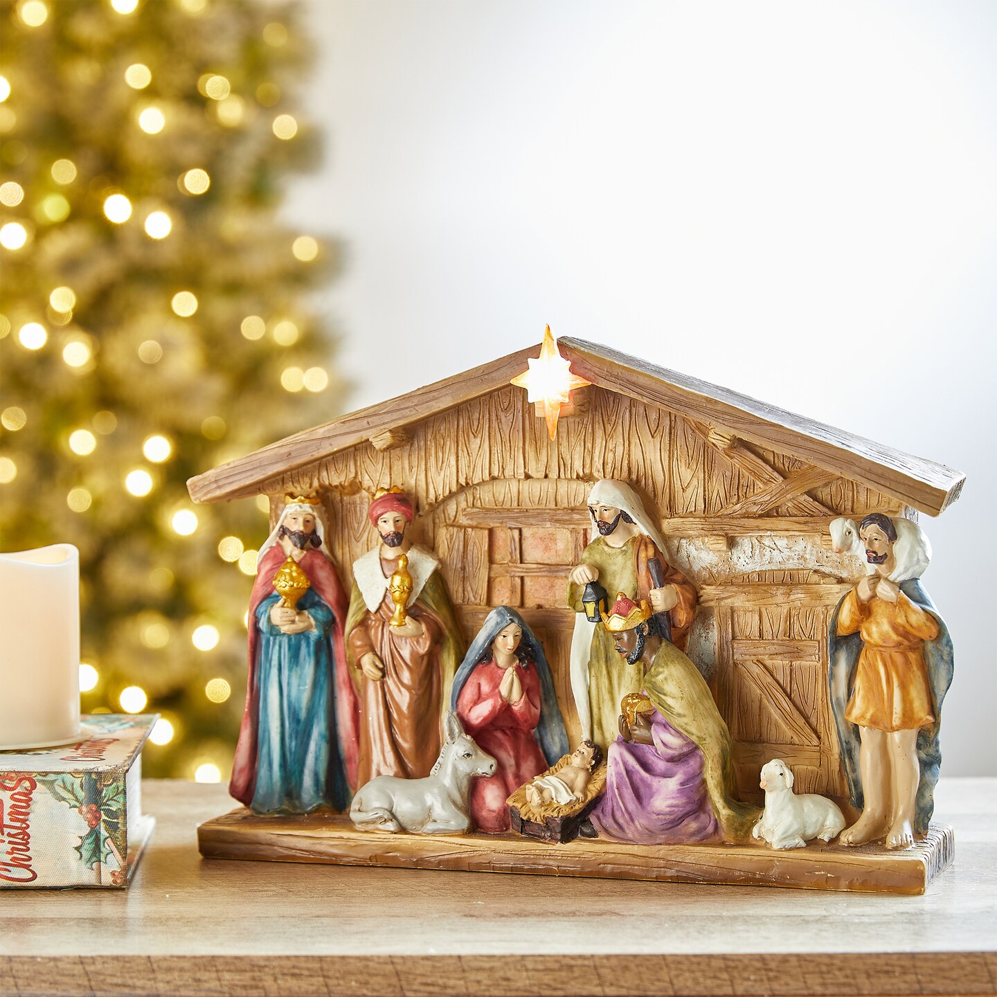 Set of 2 12.5&#x22;L Lighted Resin Nativity House