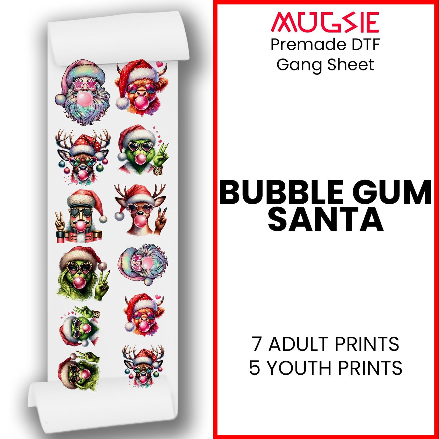 Bubble Gum Santa - Christmas DTF Transfer 22x60 Direct-to-Film Gang Sheets - 7 Adult Prints And 5 Youth Prints Iron On Transfers