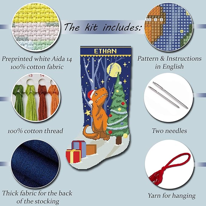 Stamped Personalized Christmas Stockings Cute Xmas Dinosaur Needlepoint Counted Easy Simple Cross-Stitch Patterns for Beginners, Embroidery Kit for Holiday Home Decor DIY