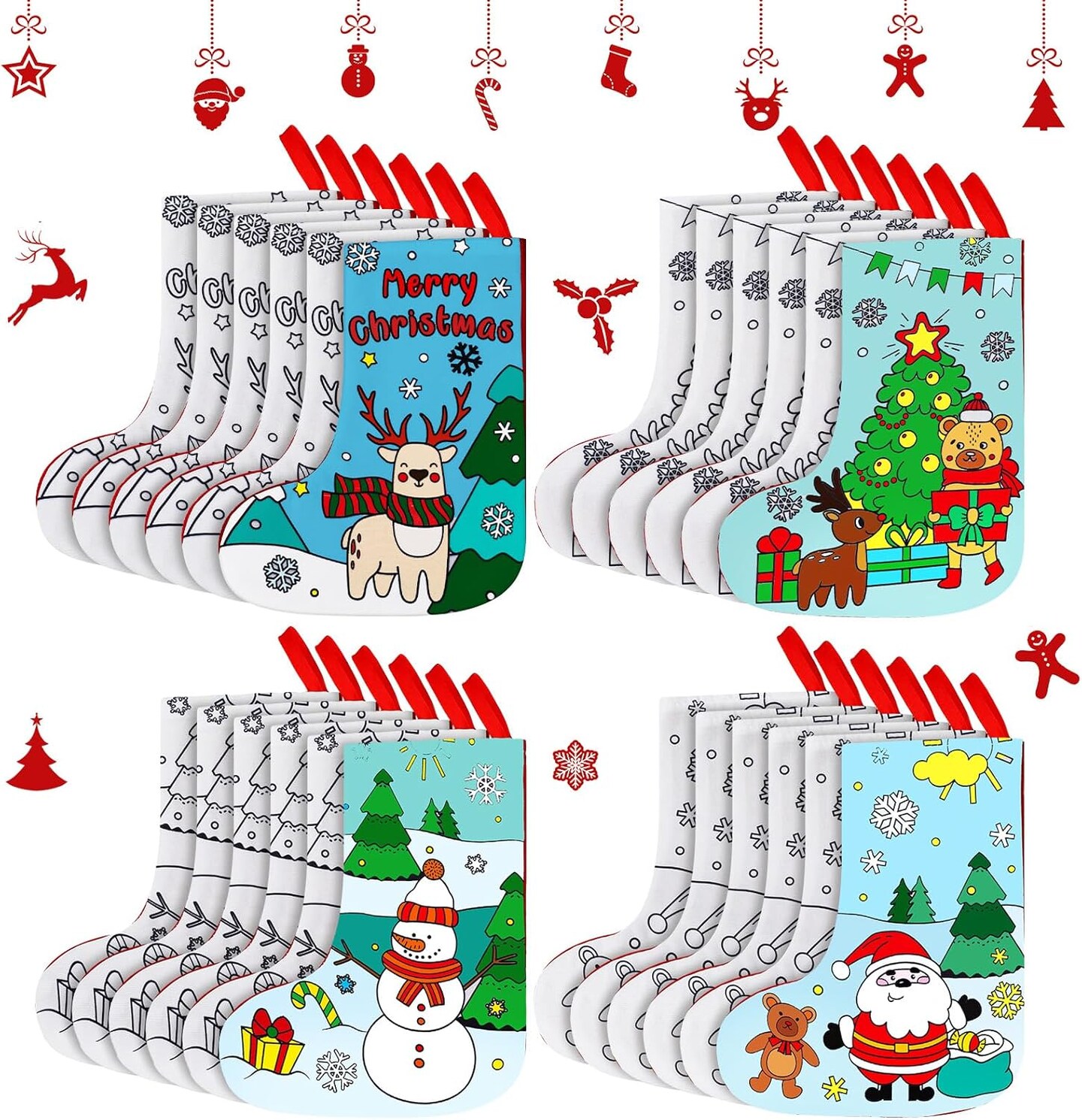 24 Pcs Color Your Own Christmas Stockings Kit DIY Coloring Nativity Stocking Crafts for Kids and Adults, Jesus Religious Xmas Home Decor for Fireplace Holiday Tree Ornaments (Santa Claus)