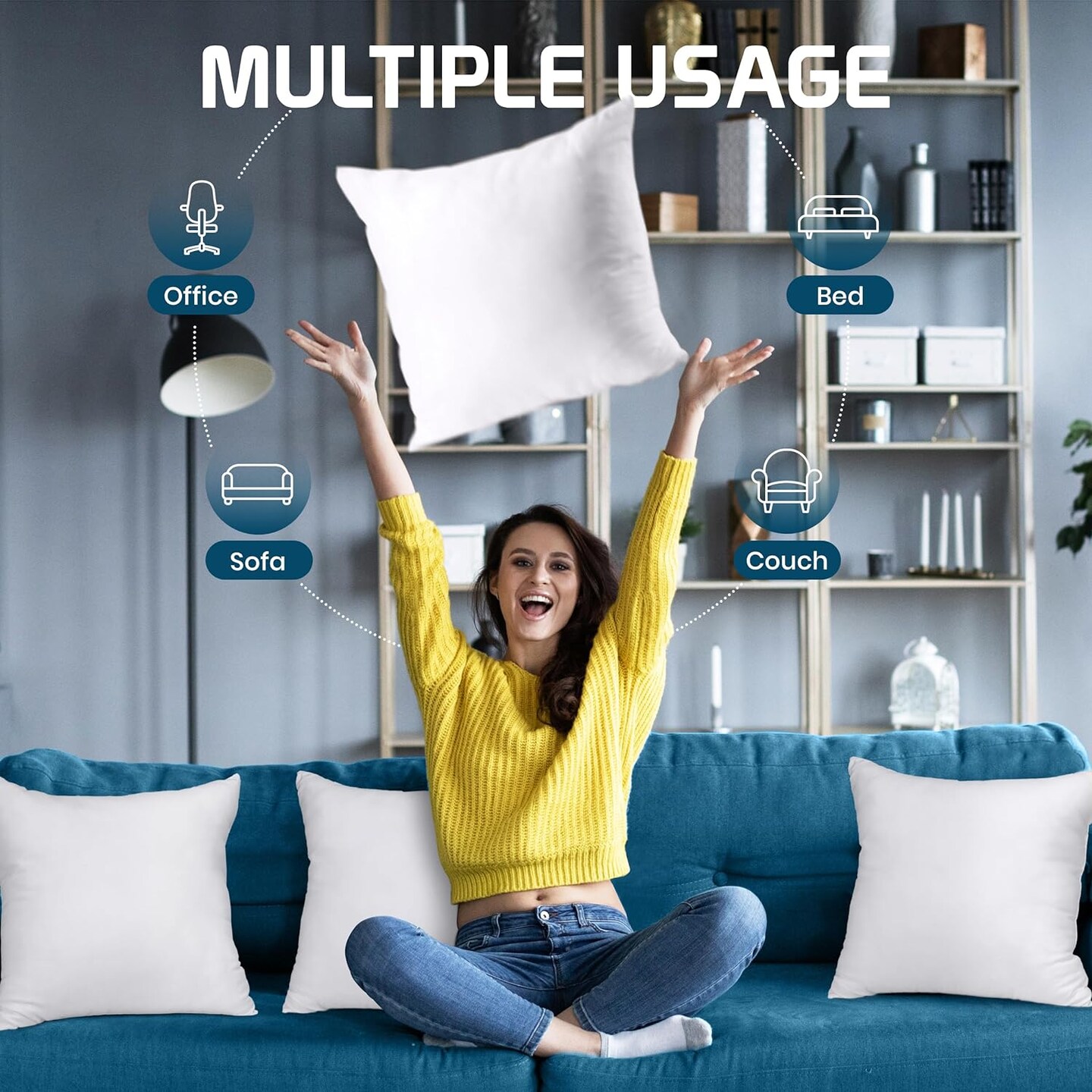 Throw Pillows (Set of 4, White), 18 x 18 Inches Pillows for Sofa, Bed and Couch Decorative Stuffer Pillows