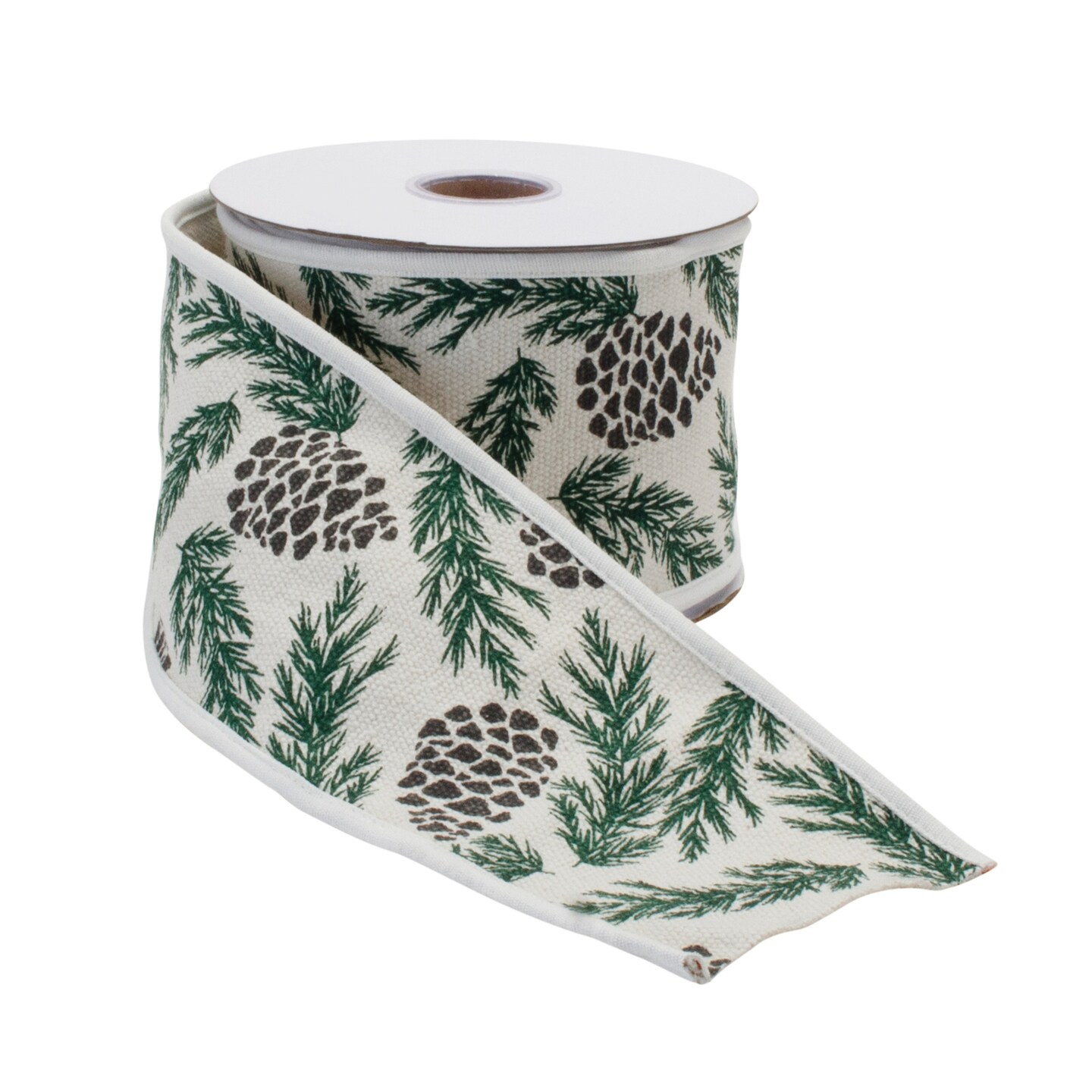 Melrose Pine and Pinecone Wired Christmas Craft Ribbon - 4&#x22; x 5 Yards - White and Green