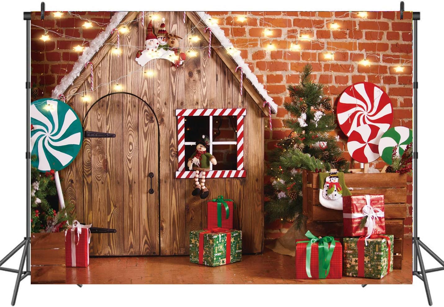 8X6ft Christmas Fabric Photography Backdrop Gingerbread House Candy Tree and Gifts for Kids Portrait Photo Studio Booth Photographer Props