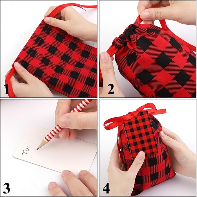 Aneco 12 Pieces Mini Christmas Cotton Buffalo Plaid Red and Black Plaid Drawstring Bag 7.8 by 5.9 Inches Stocking Storage Sack Xmas Bag Candy Sack Party Favors Bags with 20 Christmas Tags