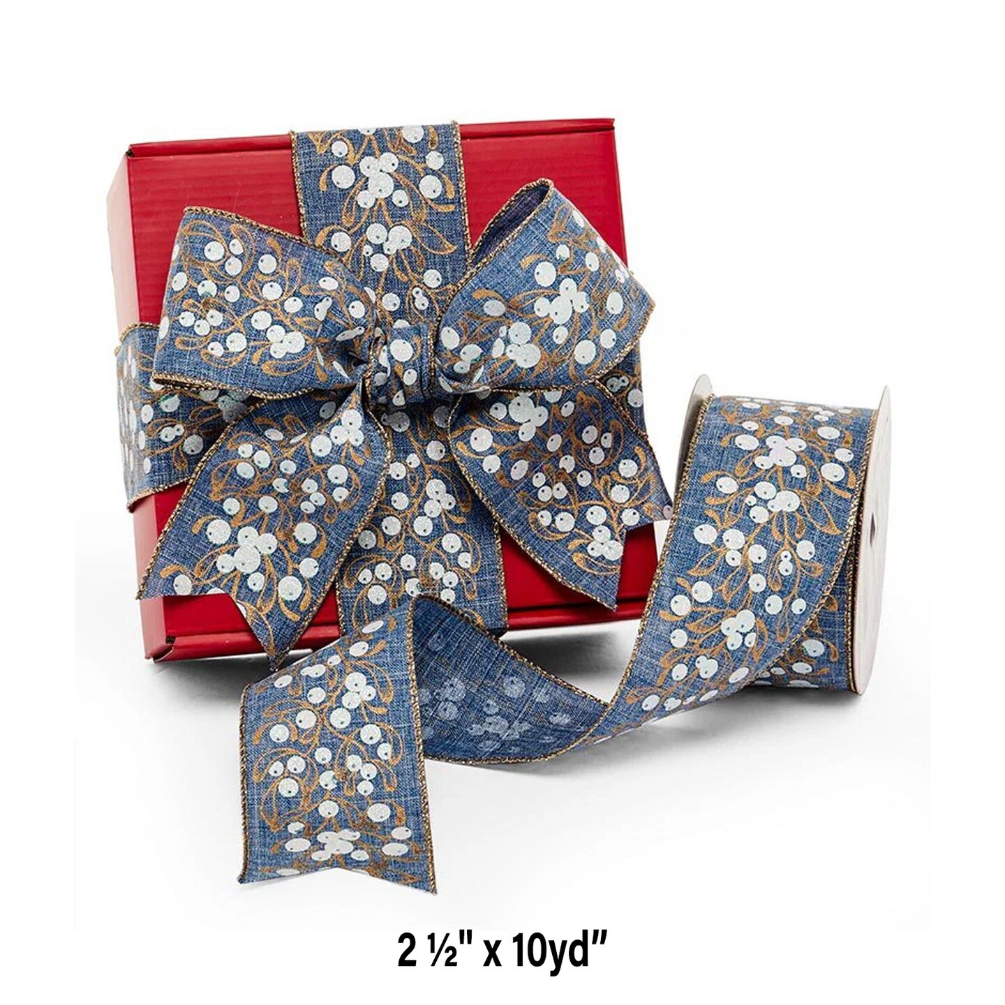 Sparkling Berries on Blue Wired Ribbon 2 1/2