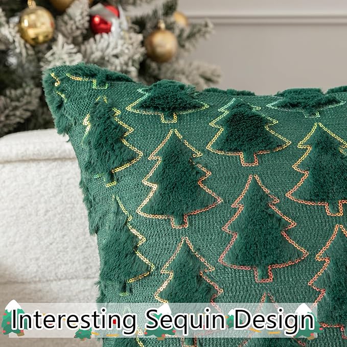 Christmas Tree Decorative Pillow Covers 18x18 Inch Set of 2 Soft Plush Faux Fur Luxury Sparkling Sequin Pattern Throw Pillows Pillowcases for Couch Sofa Holiday Festivals Home Decor, Dark Green