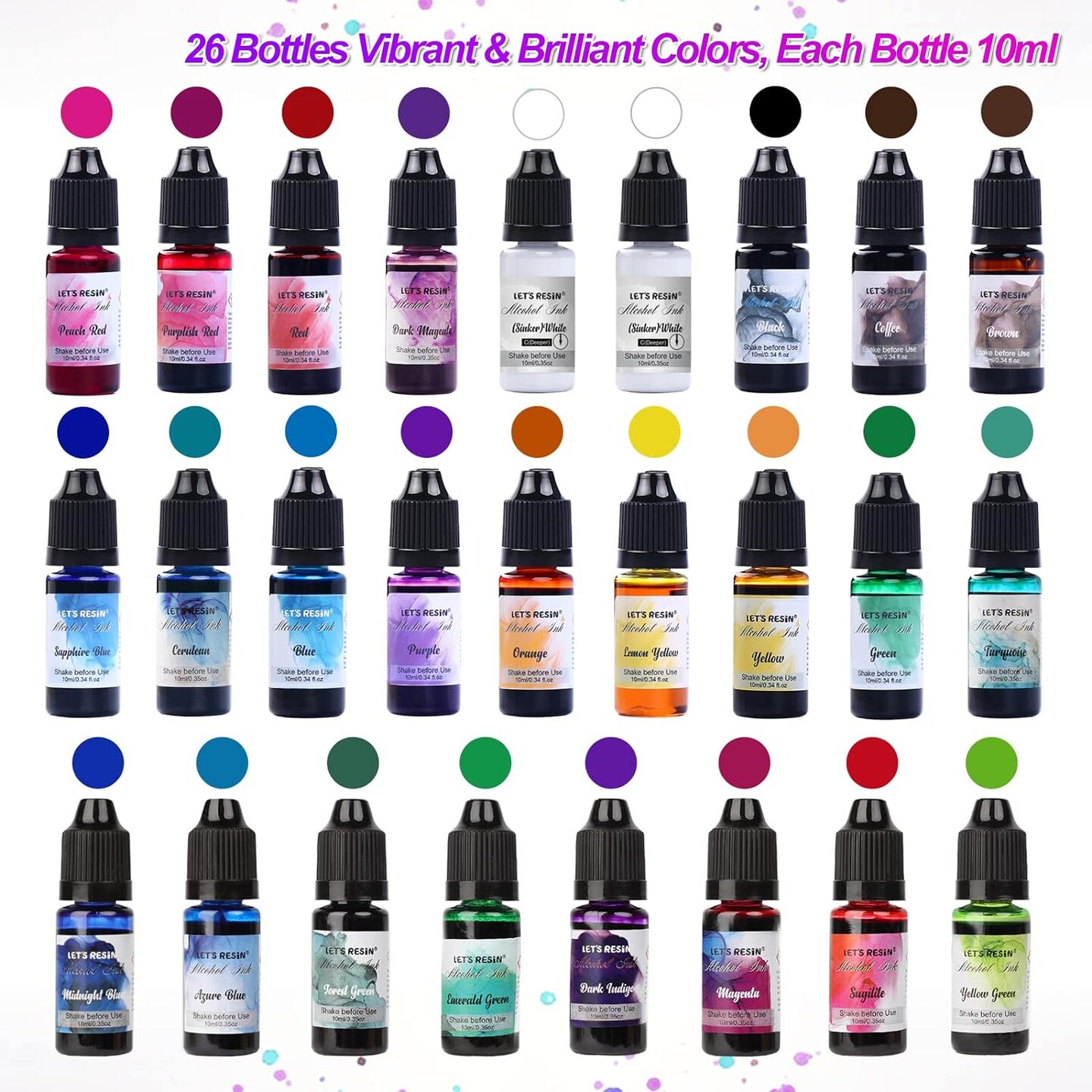 Alcohol Ink for Epoxy Resin LET&#x27;S RESIN Concentrated Alcohol Ink Set, 26 Vibrant Colors Alcohol-Based Resin Ink,Alcohol Paint Resin Dye for Resin Art, Tumblers, Resin Epoxy(Each 0.35oz)