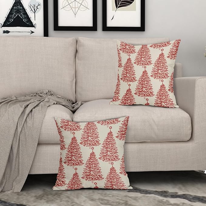Christmas Pillow Covers 18x18 Set of 2 Red Xmas Tree Star Rustic Winter Print Decorative Outdoor Pillowcases Farmhouse Vintage Holiday Decorations Throw Cushion Case Decor for Couch Sofa Bed