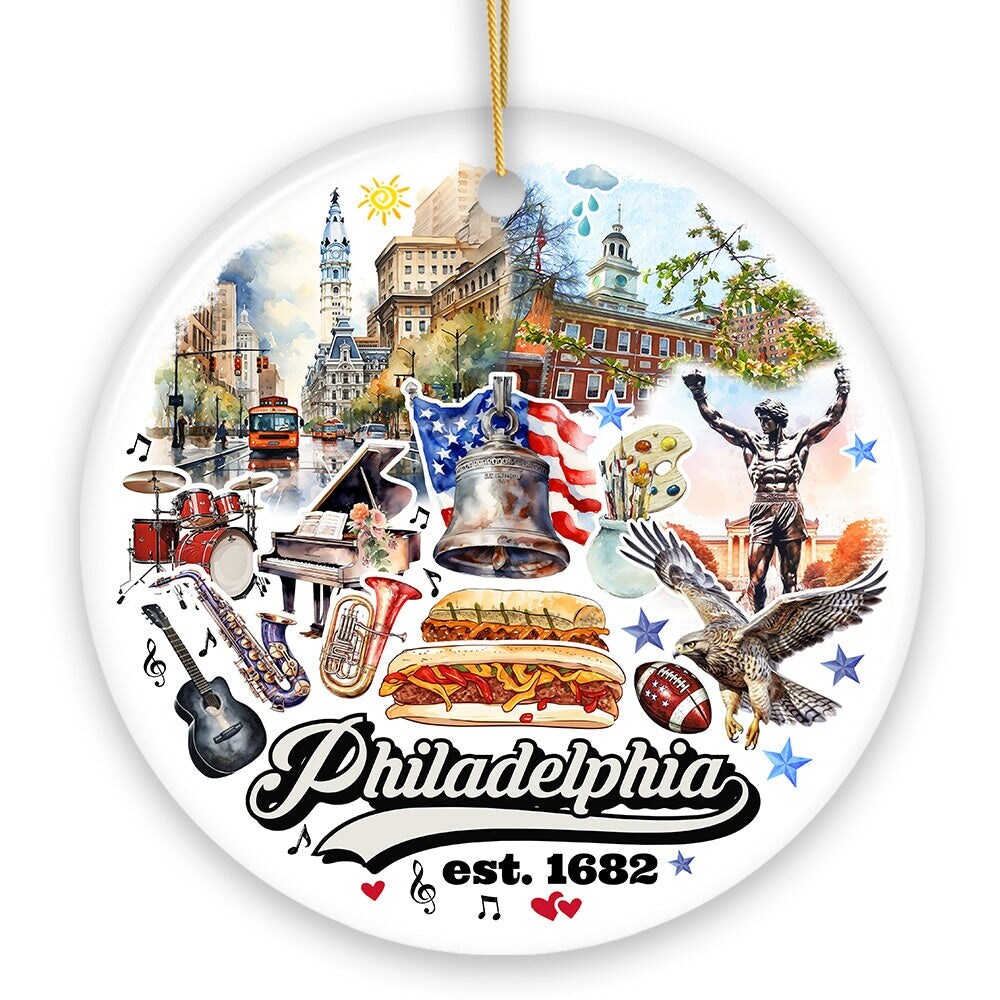 Artistic Philadelphia Handcrafted Ceramic Ornament, Vintage Pennsylvania Souvenir Gift and Christmas Tree Decor