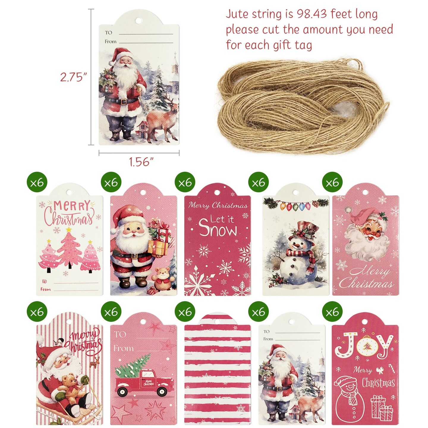 Wrapables Festive Fun Christmas Holiday Gift Tags for Gift-Wrapping, Labeling, Package Decoration with Jute String (60pcs), Pretty in Pink