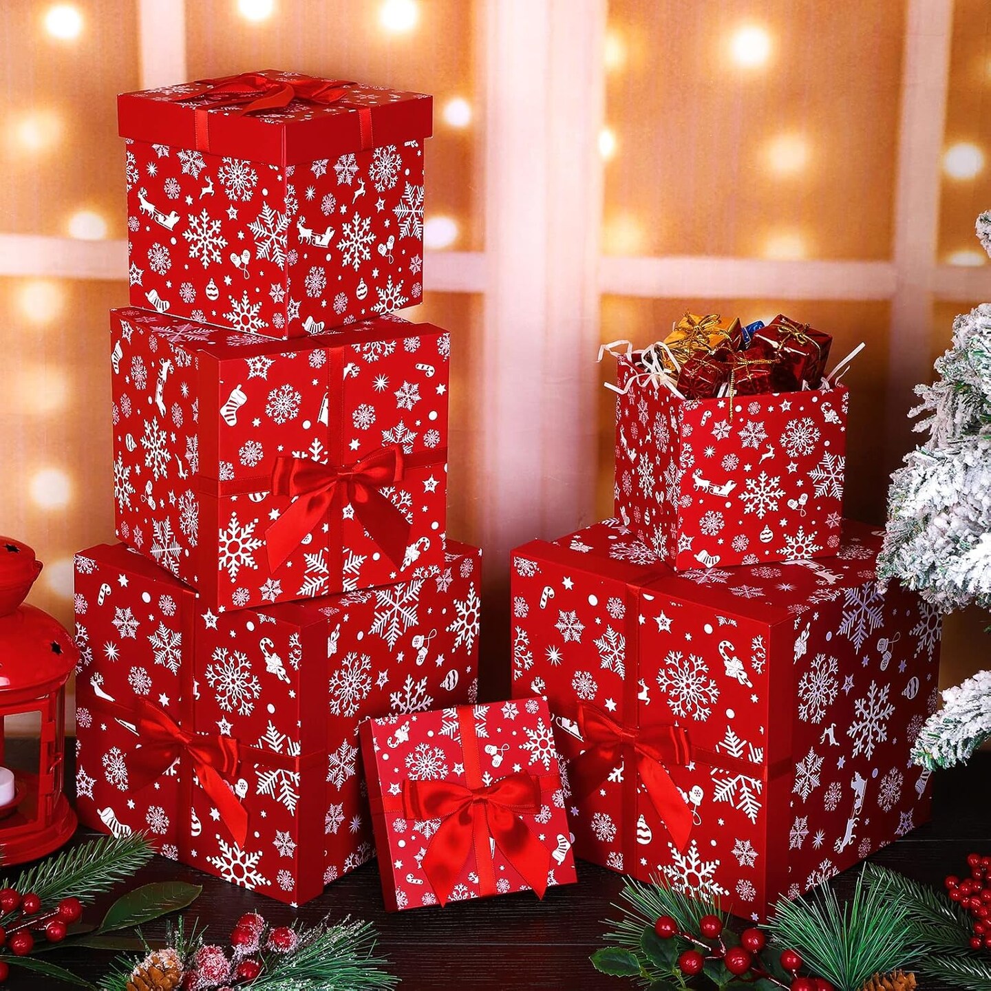 5 Pieces Christmas Nesting Gift Boxes with Lids Snowflake and Elk Designs Nested Hard Christmas Boxes Stackable Xmas Nested Paper Box with Ribbon for Gift Storage Decorating, Assorted Sizes