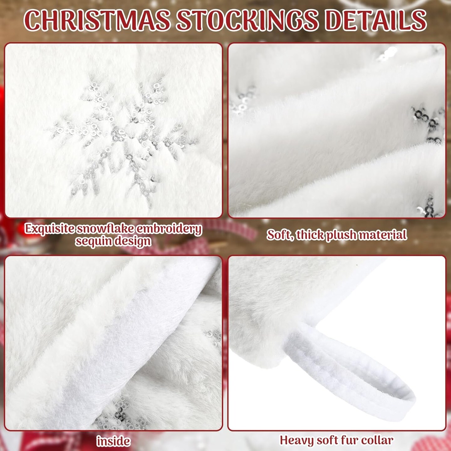 12 Pcs 9 Inch Mini Christmas Stockings Faux Fur Xmas Stockings Small Plush Sequin Snowflake Stockings for Family Holiday Party Hanging Decoration Decor Gift (White, Silver)