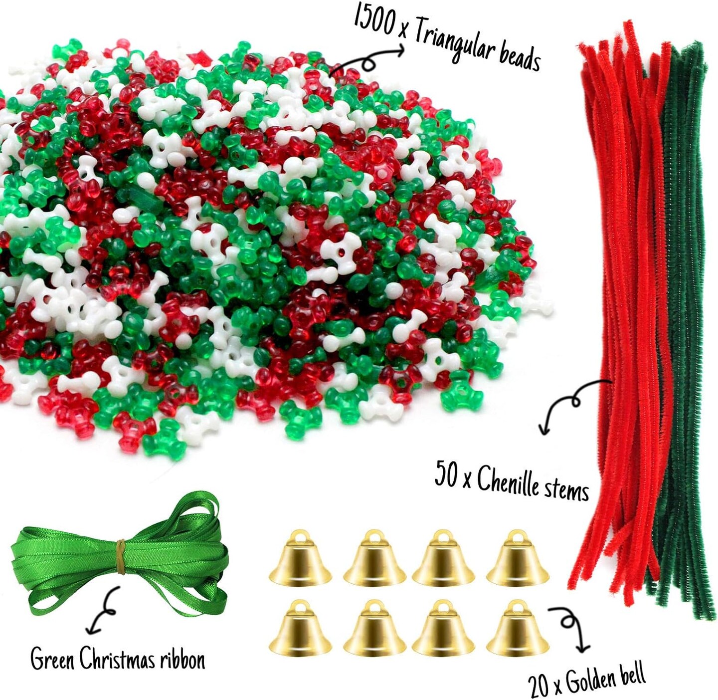 1570 PCS Christmas Beaded Ornament Kit Christmas Tri-Shaped Beads Plastic Tri Beads with Pipe Cleaners Xmas Party Craft Wreath Candy Cane for Christmas Tree Hanging