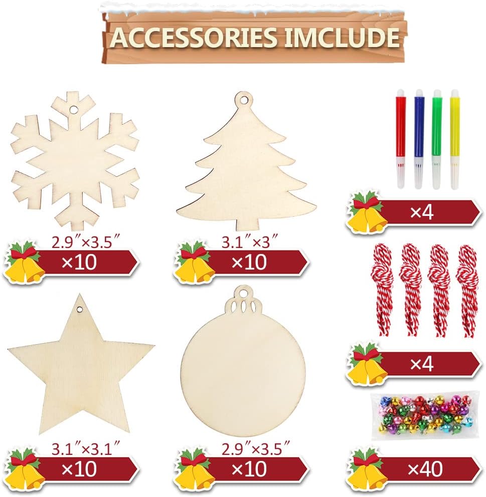 40pcs Wooden Christmas Ornaments Crafts for Kids, DIY Christmas Crafts Ornament Making Kit Unfinished Wood Slices with Holes, Hanging Christmas Centerpieces Decorations, 4 Styles