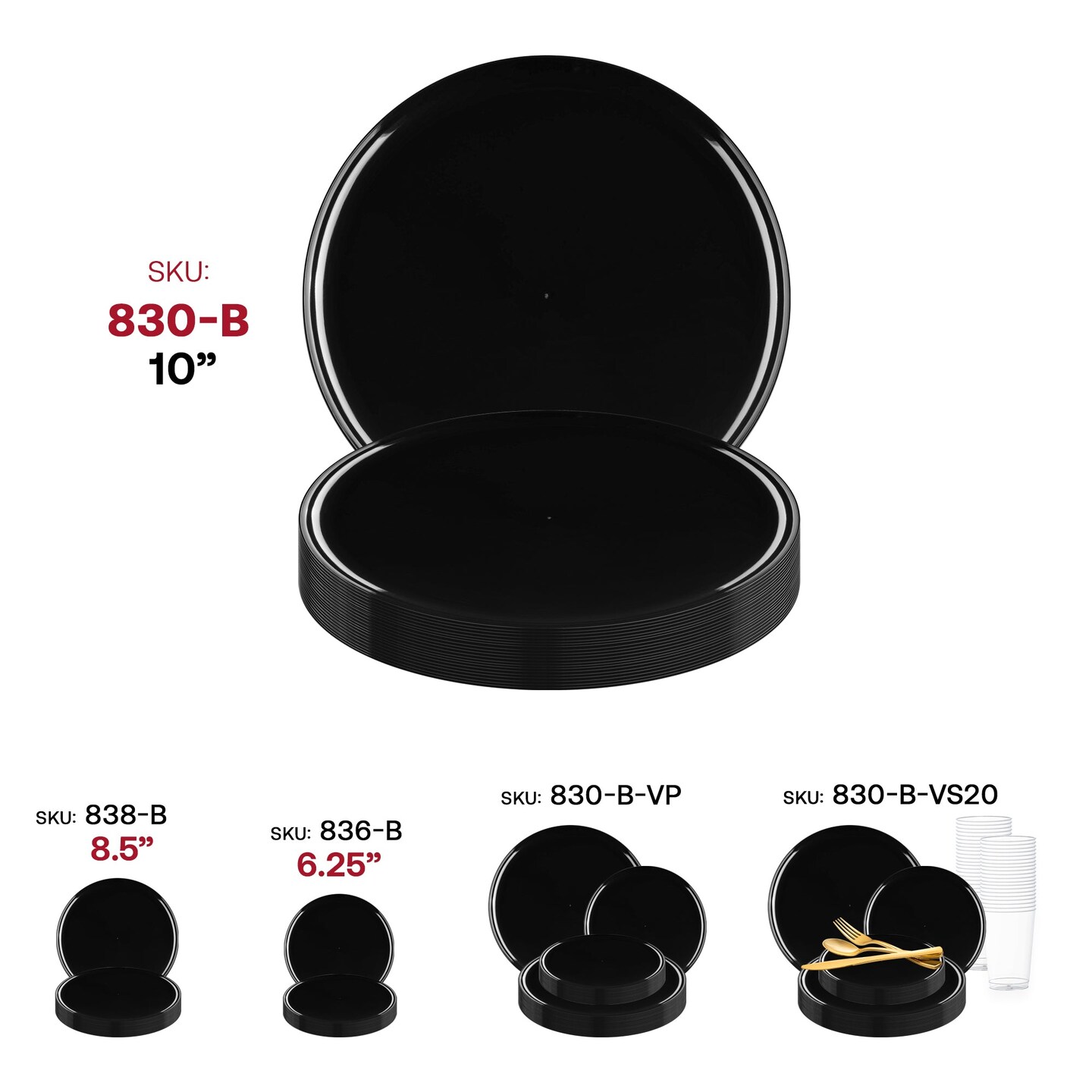 Black Flat Round Disposable Plastic Dinner Plates - 10&#x22; (120 Plates)