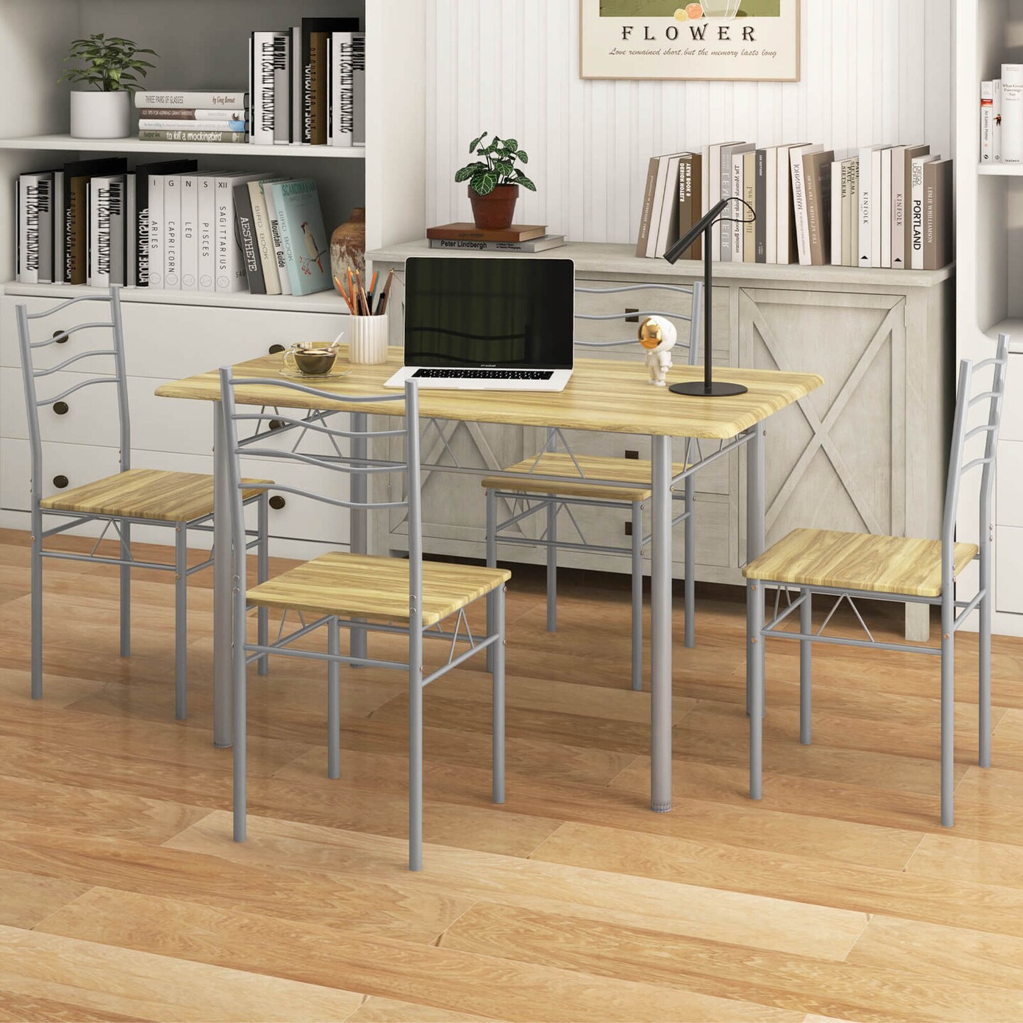 Costway 5 Piece Dining Table Set Wood Metal Kitchen Breakfast Furniture with 4 Chair Walnut/Natural