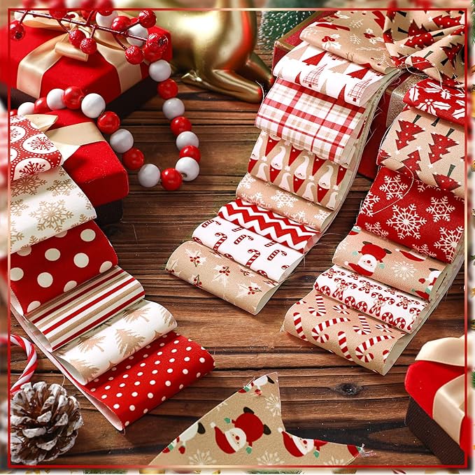 40 Pcs Hot Cocoa Christmas Quilting Fabric Jelly Fabric Squares Patchwork Roll 2.56 Inch Precut Red and White Snowflake Fabric Strips for Xmas Craft Sewing DIY