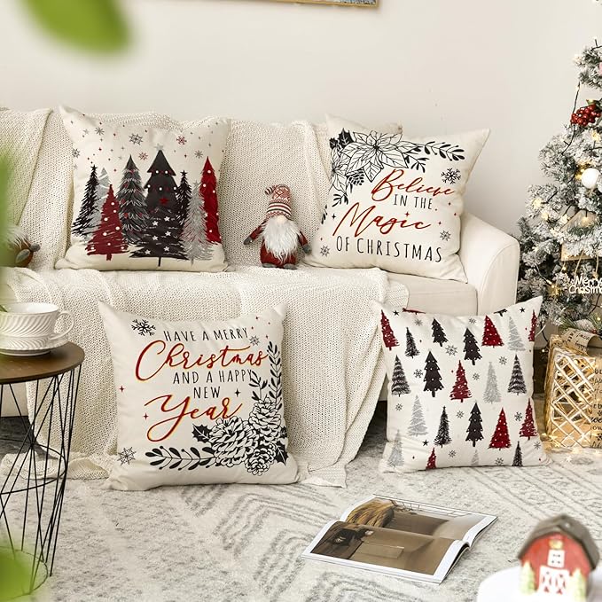 Believe in The Magic Christmas Trees Poinsettia Snowflake Eucalyptus Throw Pillow Covers, 18 x 18 Inch Xmas Winter Holiday Cushion Case Decoration for Sofa Couch Set of 4