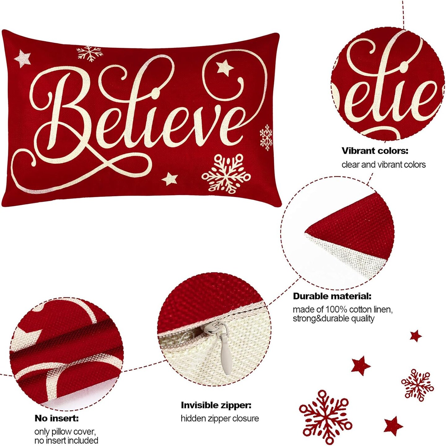 2 Pieces Christmas Pillow Covers 20 x 12 Inch Xmas Throw Pillow Covers Xmas Believe Pillow Cases Red Xmas Cushion Cover Rectangle Xmas Linen Pillowcases for Home Bedroom Christmas Decorations