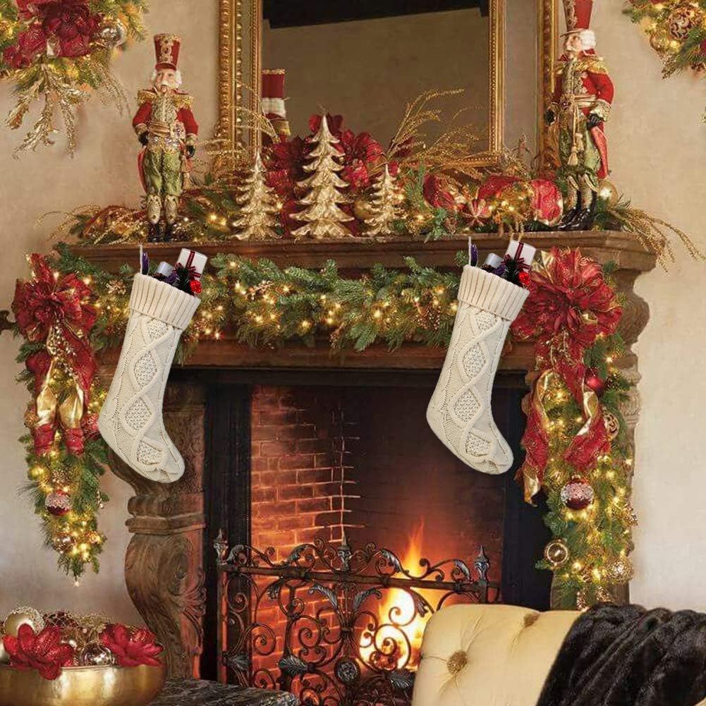 Cable Knit Christmas Stockings Kits Solid Color White Ivory Classic Decorations 18", Set of 2
