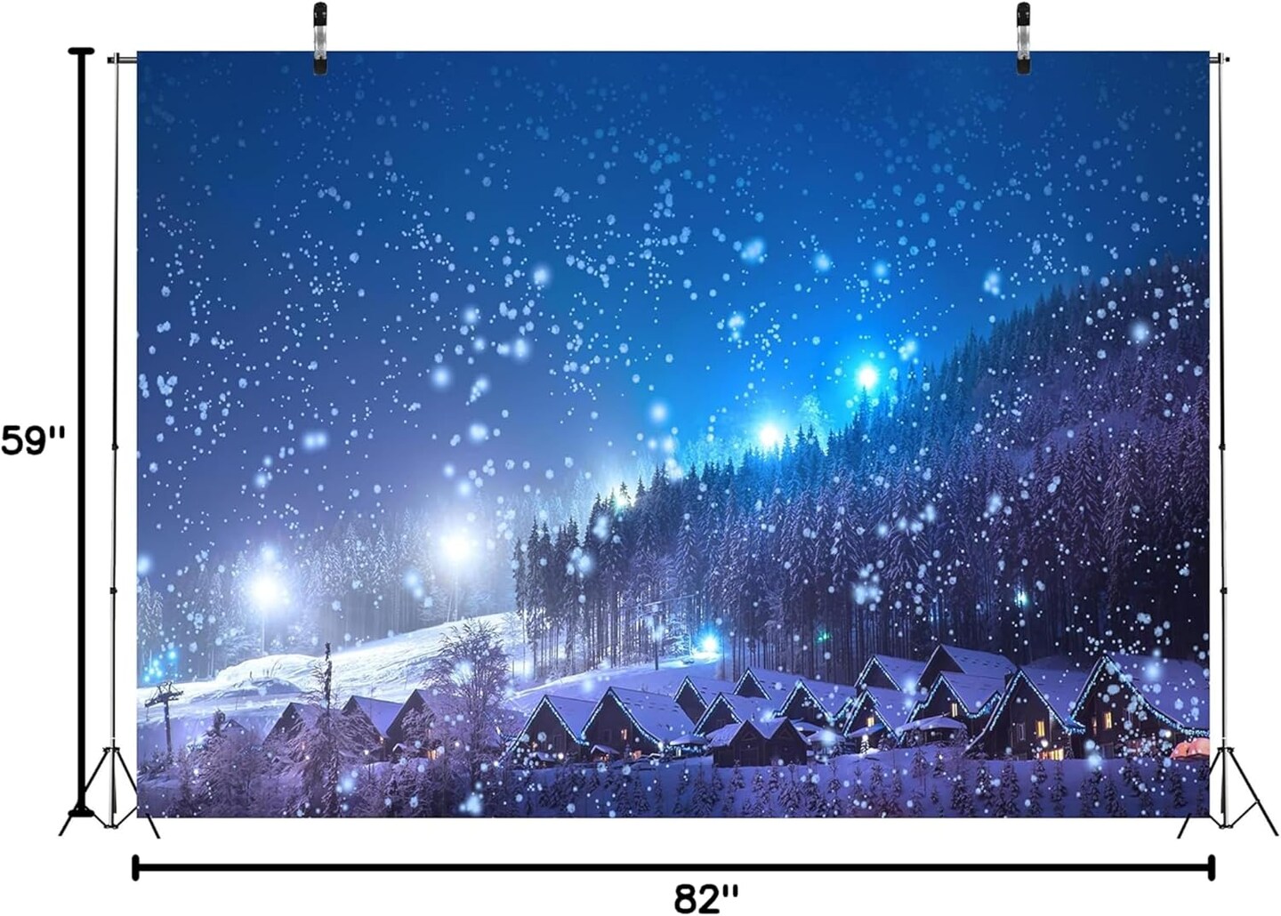 7x5ft Fabric Winter Christmas Village Backdrop Blue Night Sky Snow Scene Snowfall Snowflakes Fir Trees Forest Backdrop Winter Wonderland Christmas Party Decorations Kids Family Photo Props