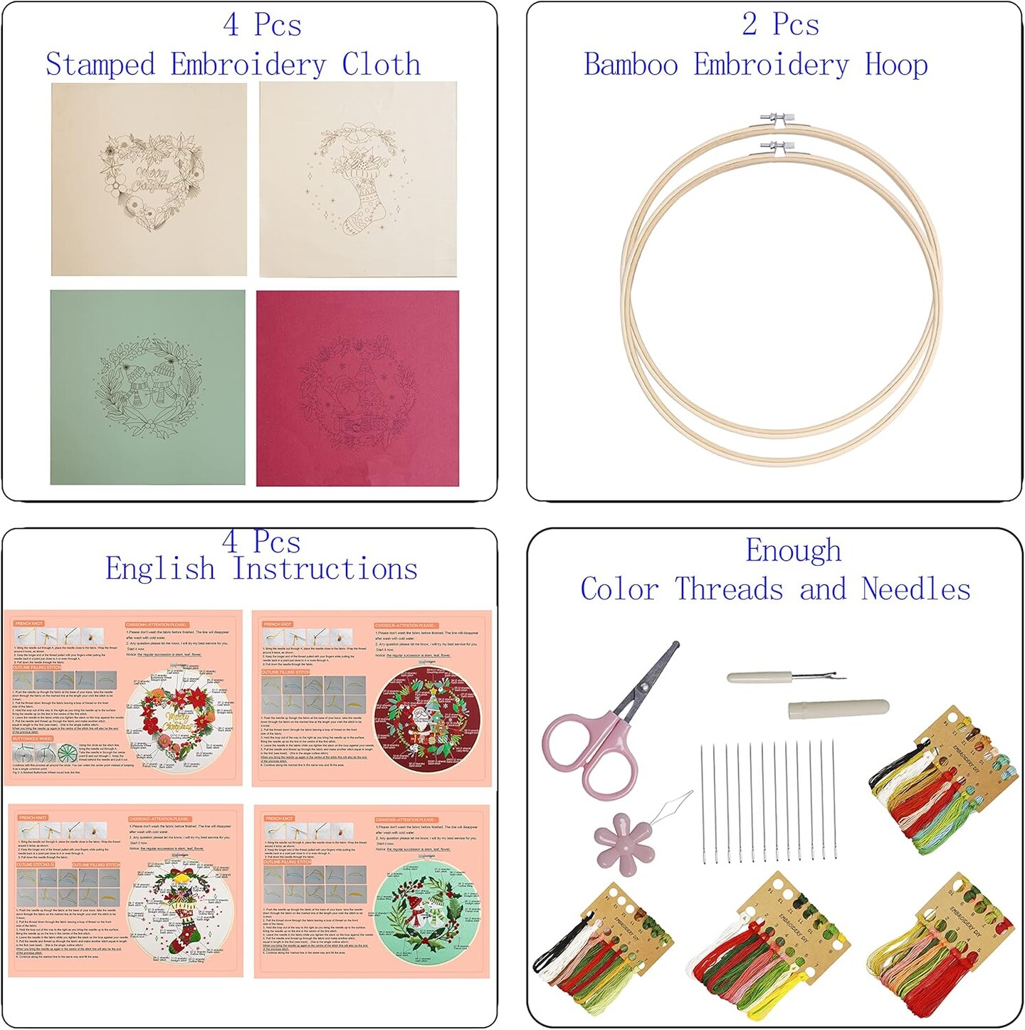 4 Sets Embroidery Kit for Beginners,Embroidery Kit for Art Craft Handy Sewing Include Embroidery Clothes with Pattern,Embroidery Hoops, Instructions,Color Threads Needle Kit (Christmas)