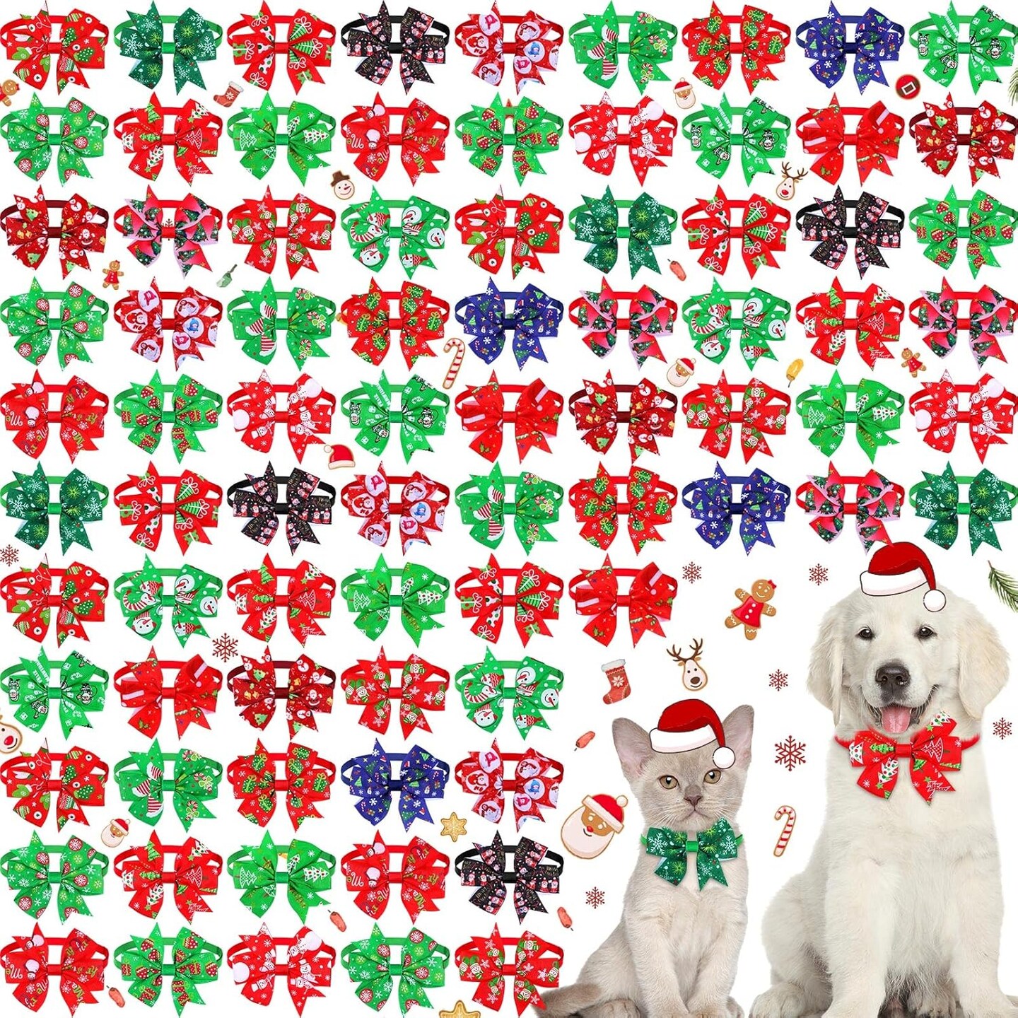 80 Pcs Christmas Dog Collar with Bow Snowman Snowflake Christmas Tree Pet Bowtie Collar Adjustable Xmas Cat Puppy Basic Neckties for Christmas Winter Holiday Pet Bow Grooming Accessories