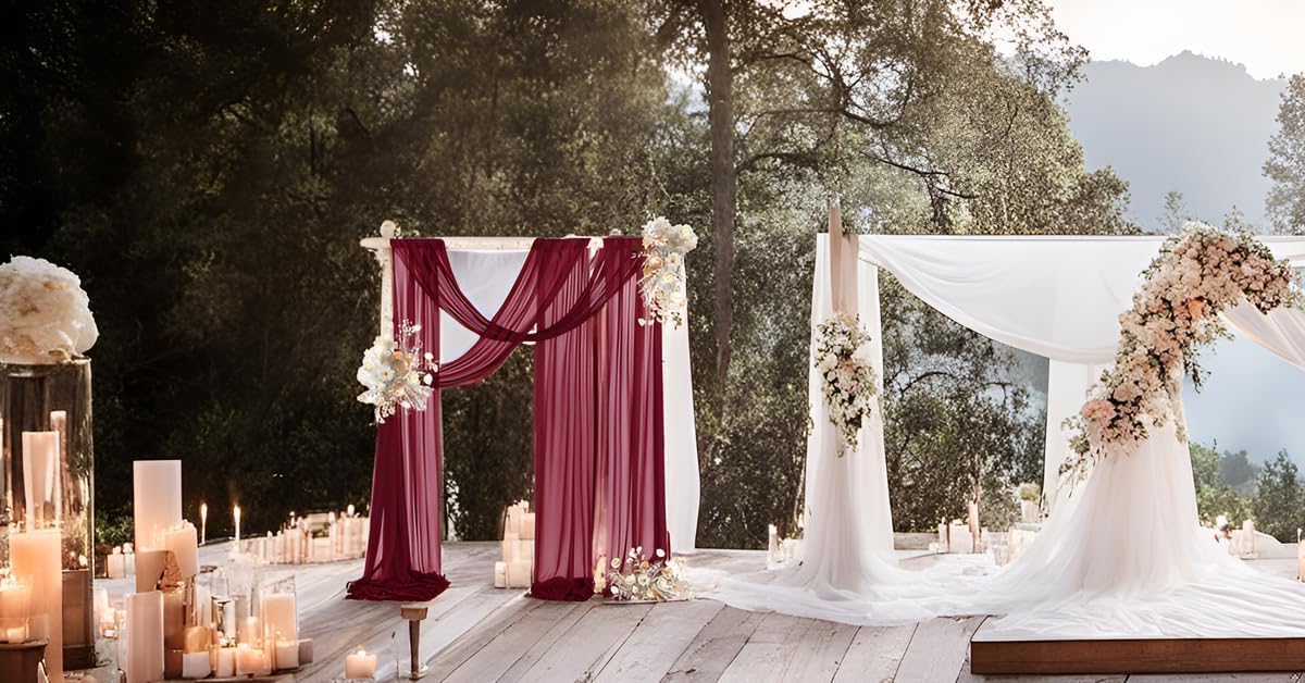 Burgundy Wedding Arch Draping Fabric 1 Panel 29" x 20Ft Christmas Chiffon Outdoor Curtain Backdrop Sheer Arch Drapes for Thanksgiving Wedding Ceremony Party Ceiling Decoration