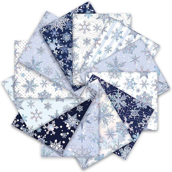 12Pcs Winter Cotton Fabric Bundles Blue Purple Snowflake Fat Quarter Xmas Winter Quilting Patchwork for DIY Handmade Sewing Crafting, 18 x 22 Inch