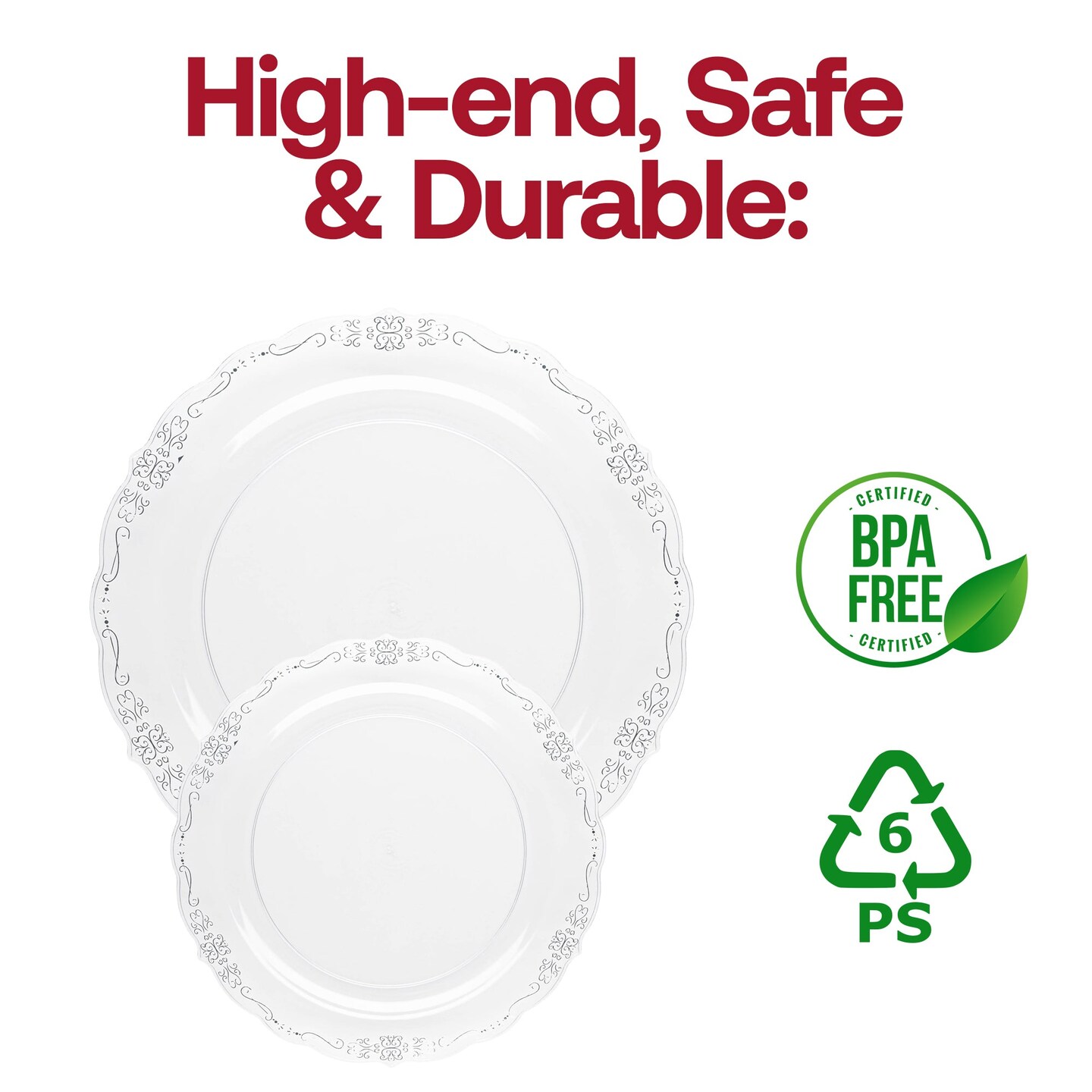 Clear with Silver Vintage Rim Round Disposable Plastic Dinner Plates - 10&#x22; (120 Plates)