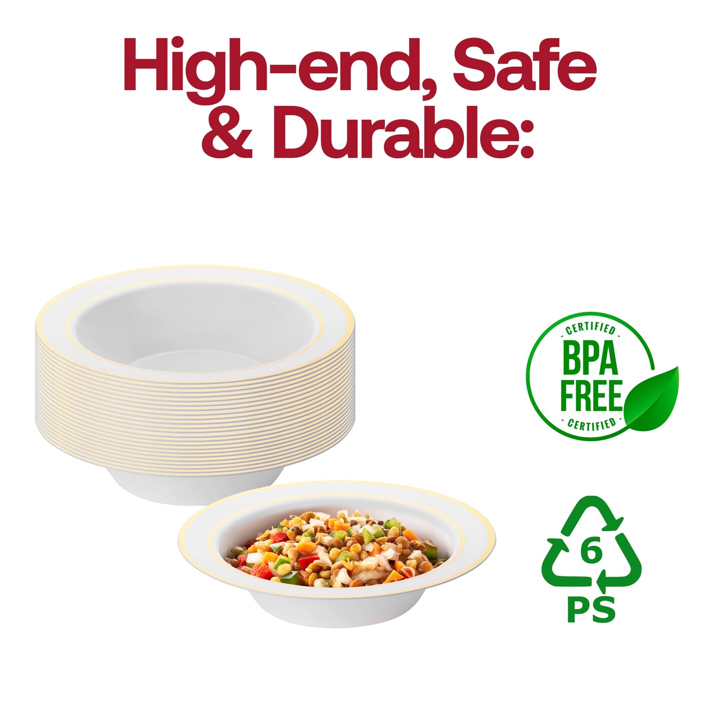 White with Gold Edge Rim Plastic Soup Bowls - 12 oz. (120 Bowls)