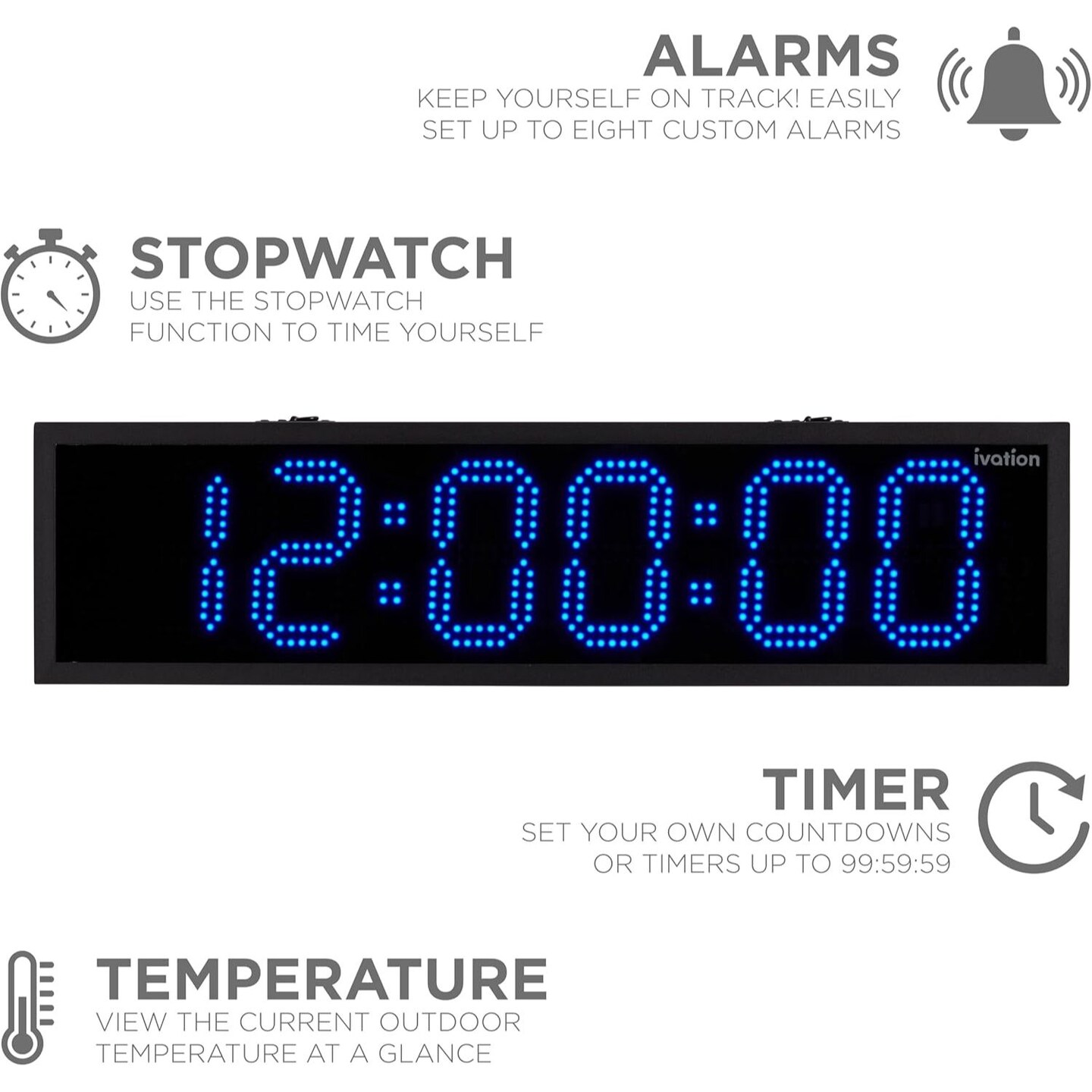 Ivation Waterproof Large Digital Clock, Outdoor Large LED Clock with Stopwatch, Alarms &#x26; More!