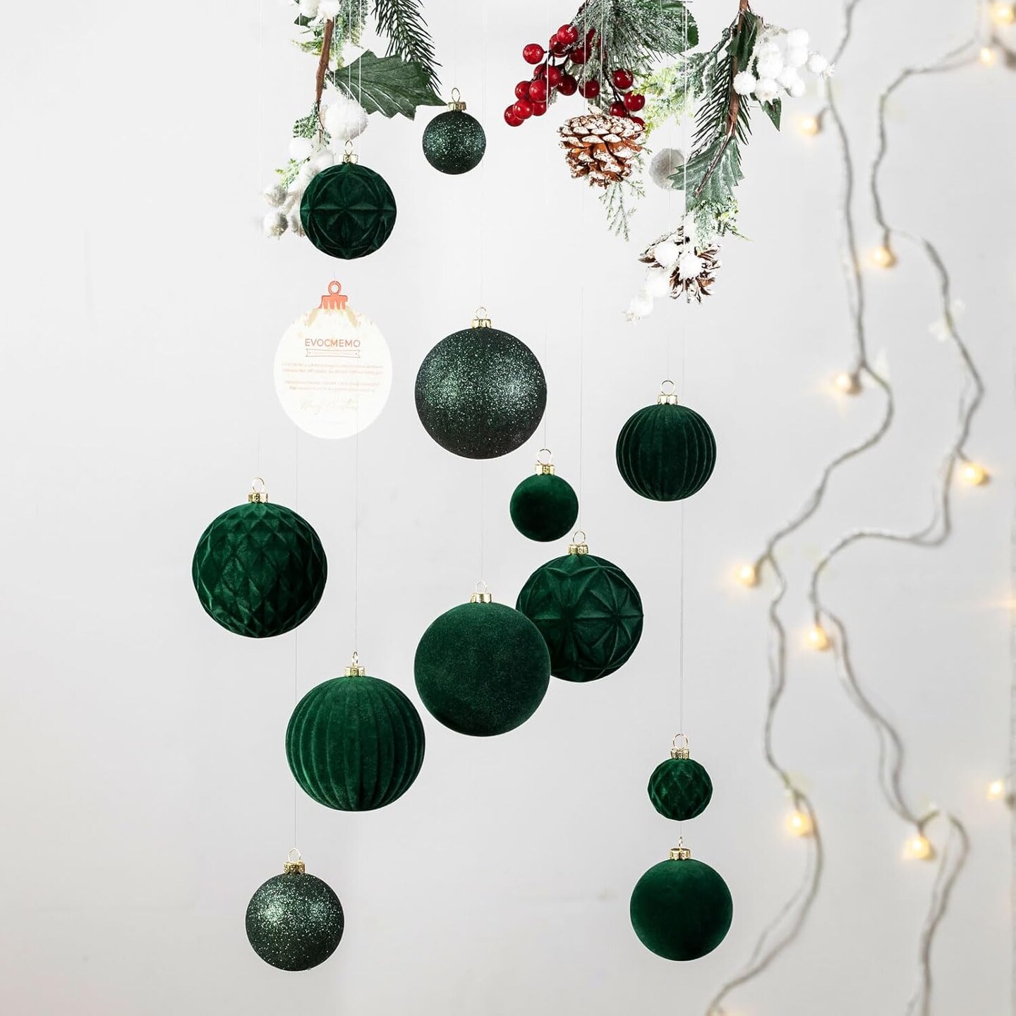 Velvet Christmas Ball Ornaments Dark Green Christmas Tree Decorations 36pcs Shatterproof Christmas Ornaments Set with 5 Styles in 3 Sizes(Small Medium Large)