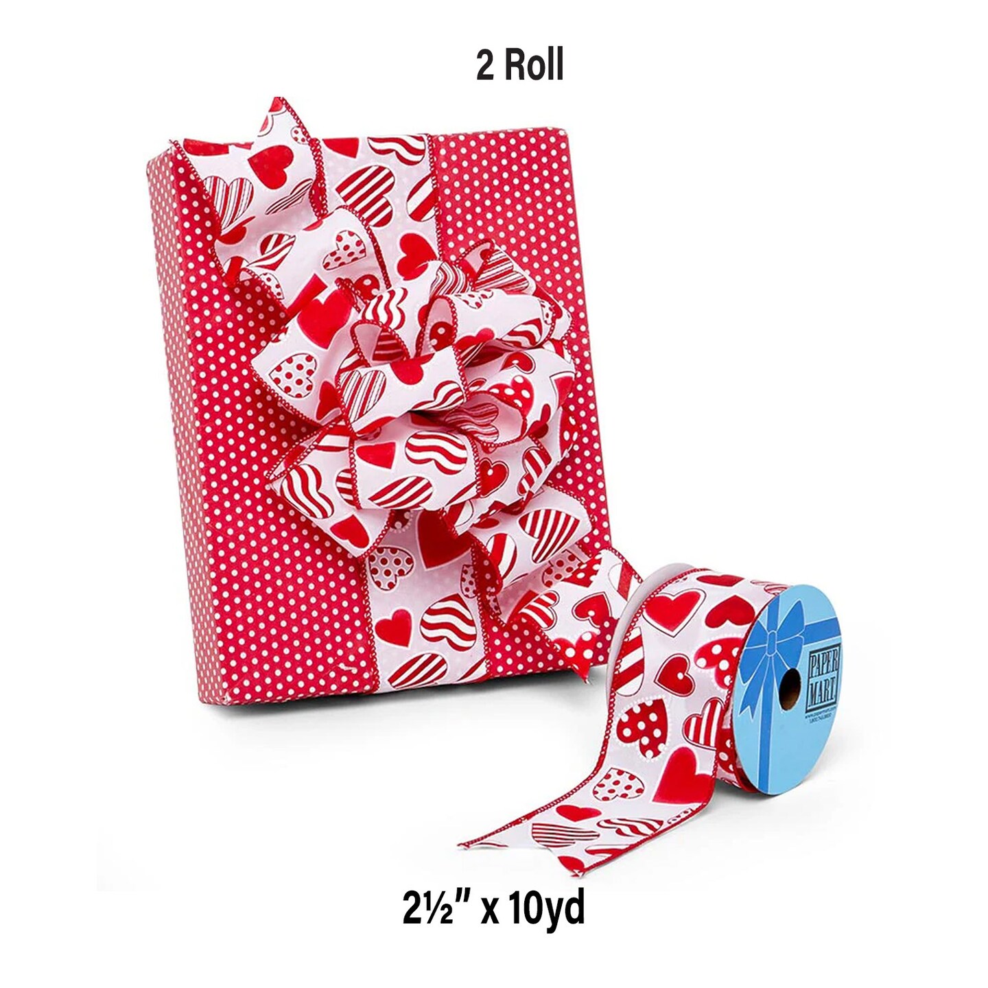 Red Hearts on White Wired Ribbon &#x2013; 2.5&#x22; x 10 Yards