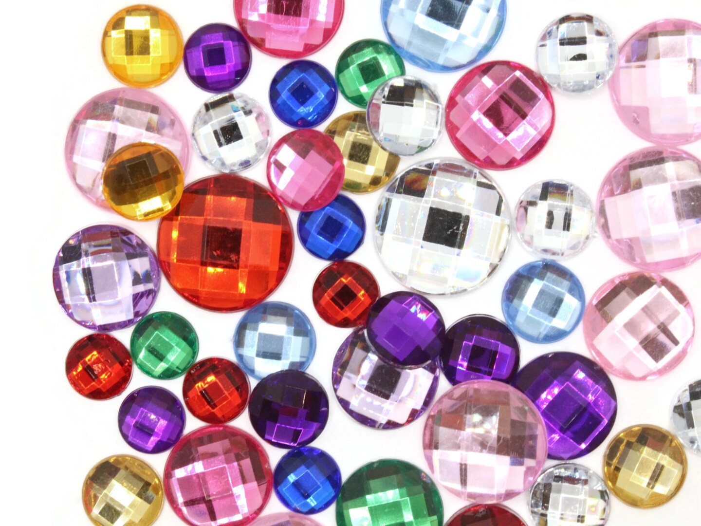 50 Mixed Size and Color Faceted Round Plastic Silver Foil Flatback Rhinestone Cabochons