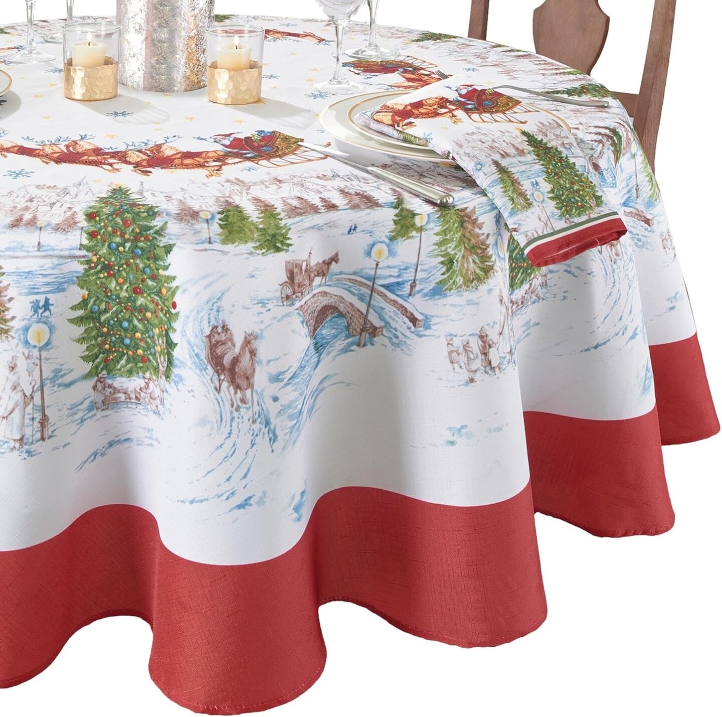 Home Fashions Santa Snowy Sleighride Wrinkle Resistant Holiday/Christmas Tablecloth, 70&#x22;, Round