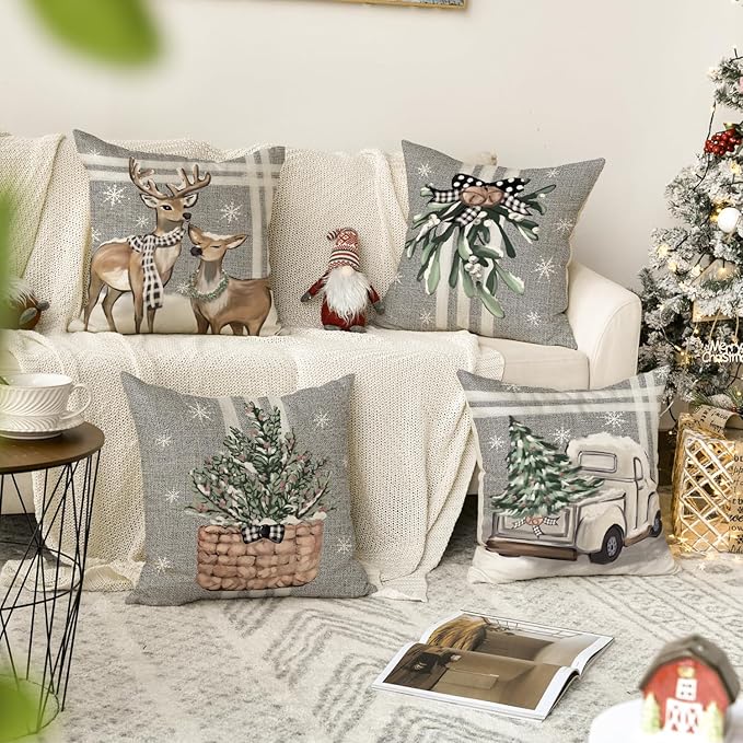 Christmas Tree Reindeer Truck Stripes Gray Throw Pillow Covers, 18 x 18 Inch Winter Holiday Cushion Case Decoration for Sofa Couch Set of 4