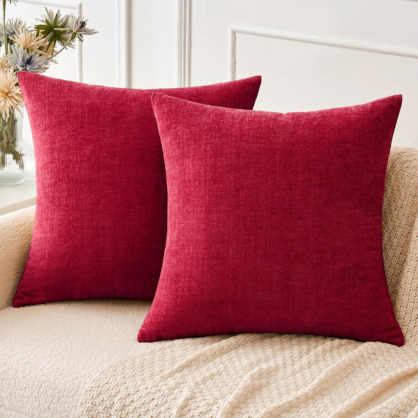 Pack of 2 Christmas Red Couch Throw Pillow Covers 18x18 Inch Soft Chenille Pillow Covers for Sofa Living Room Solid Dyed Pillow Cases