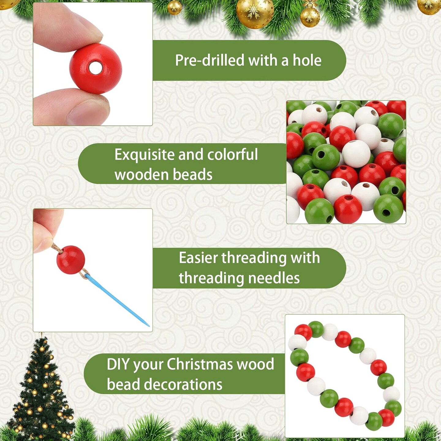 210Pcs Christmas Wooden Bead, Red White Green Wooden Beads DIY Crafts Kits, Christmas Tree Wood Beads Ornaments Xmas Wood Bead with Hemp Rope for Christmas Decor Gifts Party Supplies