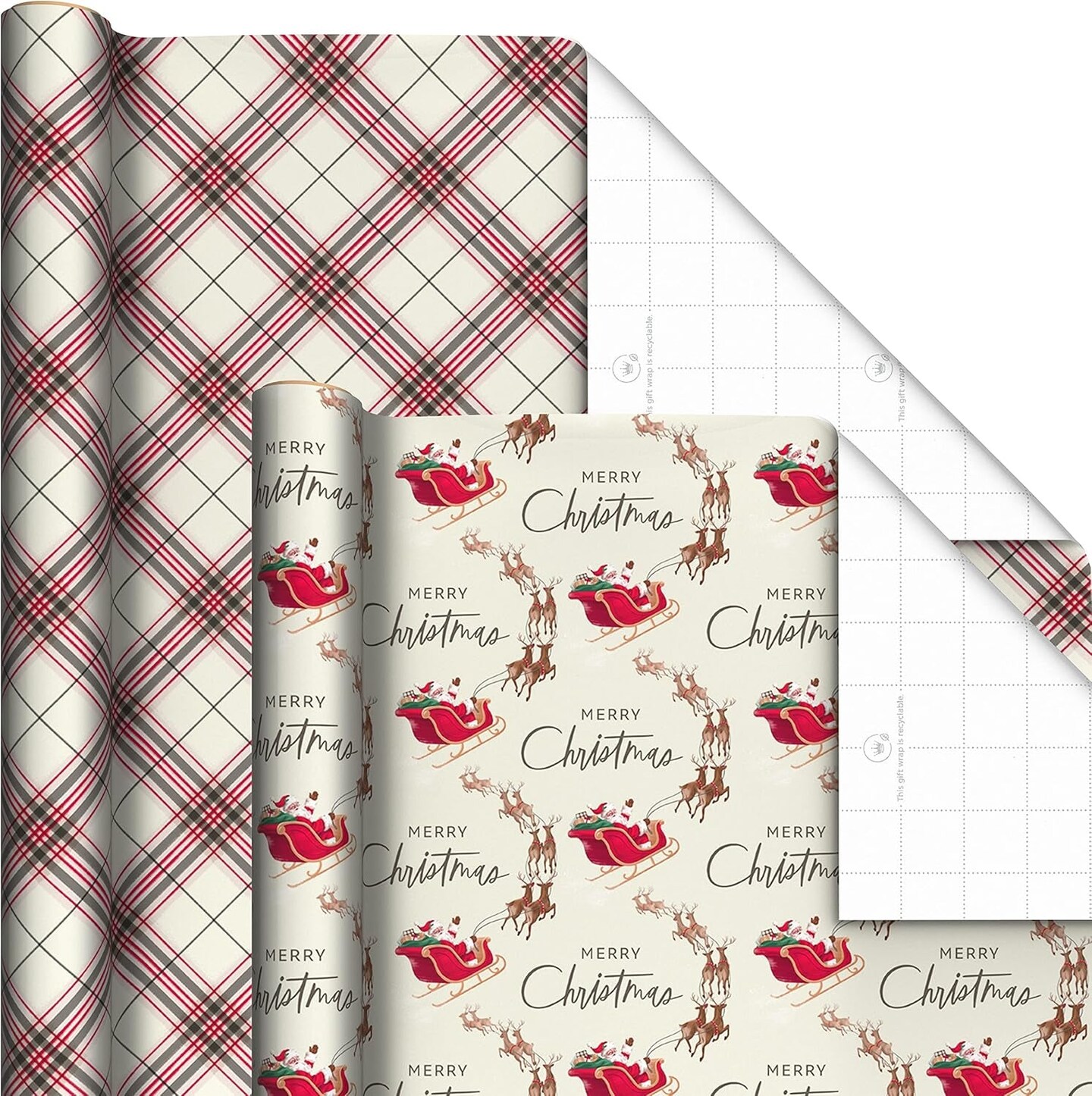 Rustic Recyclable Christmas Wrapping Paper (6 Rolls: 180 Sq. Ft. Total) Red, White and Hunter Green Plaid, Poinsettias, Snowflakes, &#x22;Merry Christmas,&#x22; Snowman, Santa