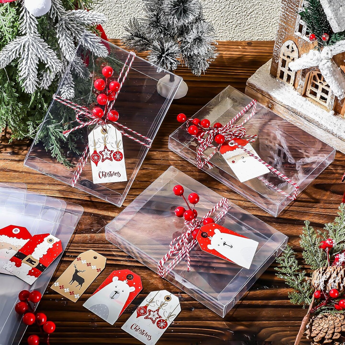 Boxes PET Plastic Crystal Storage Box with Christmas Tags, Red and White Twine, Decorative Berries, 5.39 x 7.36 x 1 Inch Photo Transparent Box Greeting Card