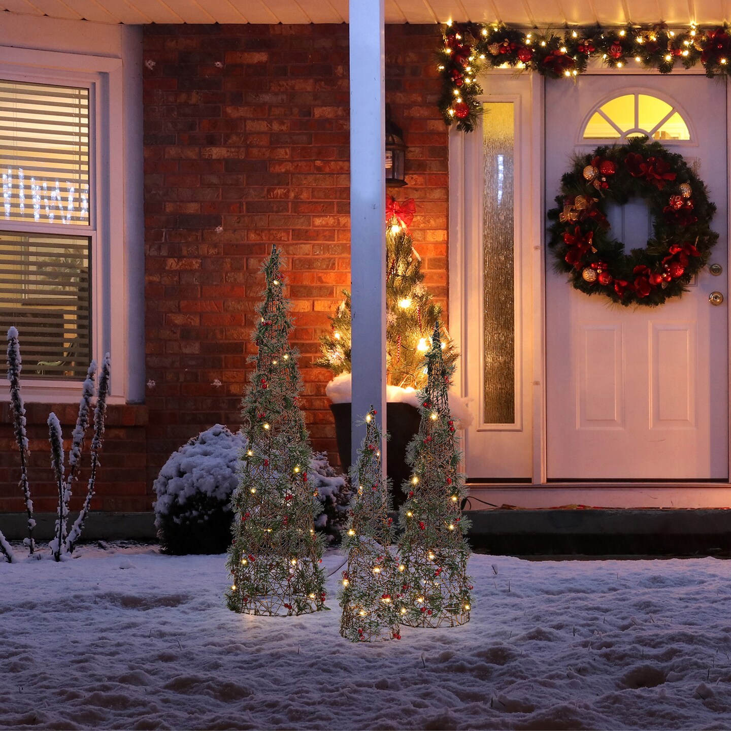 Set of 3 Lighted Christmas Plastic Cone Tree with 75 Warm White LED Lights